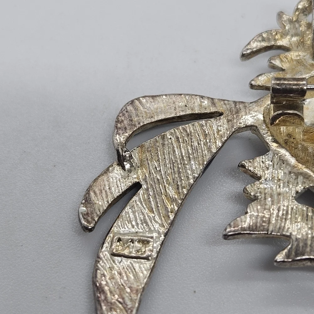 silver tone white fish pendant pin brooch signed MJ